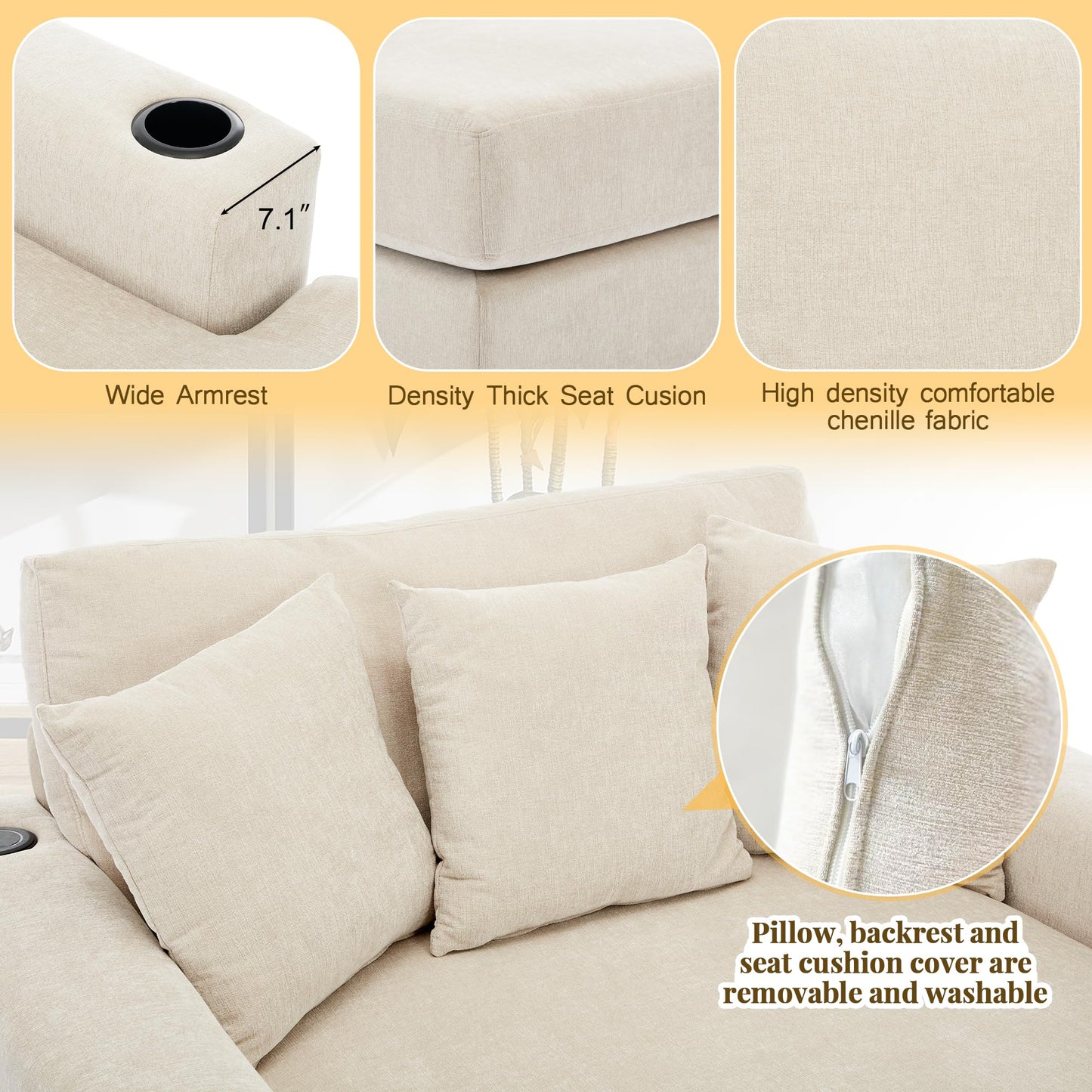 Merax Modern 55" Chaise Lounge with Pillow, Charge Station & Cup Holders,Upholstered Sofa Recliner Chair for Living Room Bedroom Cream