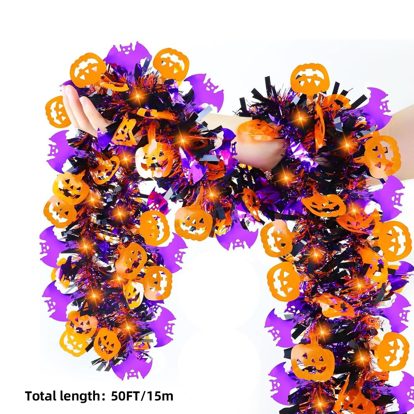 50 Ft Halloween Tinsel Garlands,Funny Pumpkin Purple Bats Shiny Metallic Twist Foil Tinsel Garland Hanging Holiday Decorations for Home Indoor Outdoor Festivities Party Decor