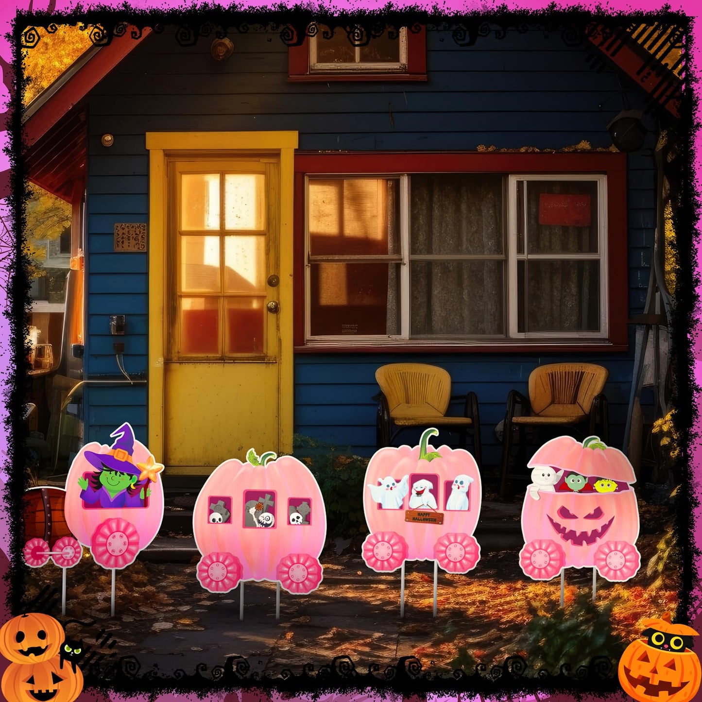 Shellwei 4 Pcs Thanksgiving Pumpkin Yard Outdoor Decor Skeleton Train Yard Signs Autumn Harvest Decorations for Lawn Outdoor Garden Farmhouse Home Thanksgiving Party Decor(Pumpkin,Pink)