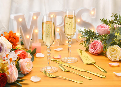 BEKESIN Wedding Cake Cutting Set with Forks, Classical Style Crystal Champagne Flutes Toasting Glasses for Bride and Groom, Wedding Gifts for Couples, Engagement and Bridal Shower Gifts