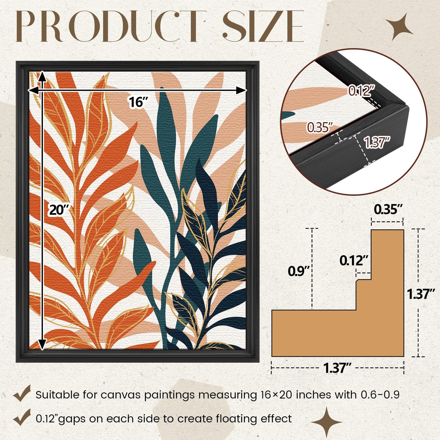 Soaoo 4 Pcs Canvas Floater Frames 16'' x 20'' Black Floating Canvas Frame 0.9" Deep Artwork for Paintings with Hardware Kit Included for Wall Prints Painting, Assemble Required
