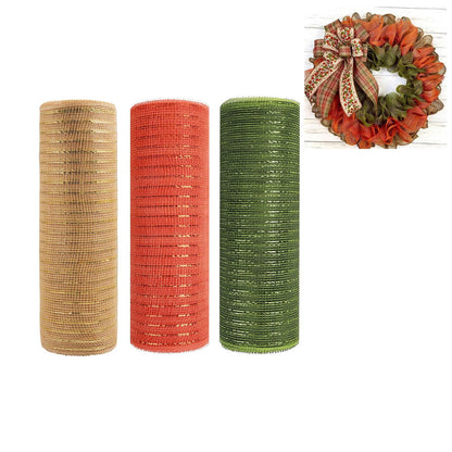 JStnana 3 Rolls Orange Moss Green Burlap Deco Mesh Ribbon for Wreath Making Supplies, 10 Inch x 30FT Metallic Foil Deco Mesh Fabric for Fall Thanksgiving Halloween Door Wreath Swags and Decorating