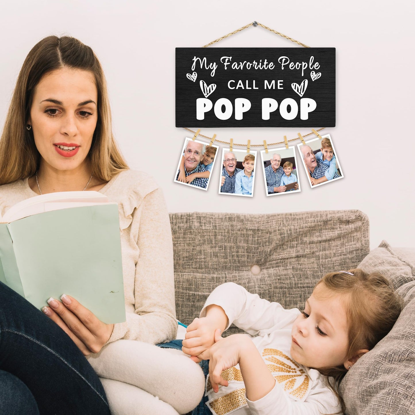 Hiuwevt Pop Pop Picture Frame Photo Hanging Display, Grandpa Gifts for Christmas, Grandfather Gifts from Grandaughters Grandsons, Father Dad Picture Board Photo Holder for Wall Decor