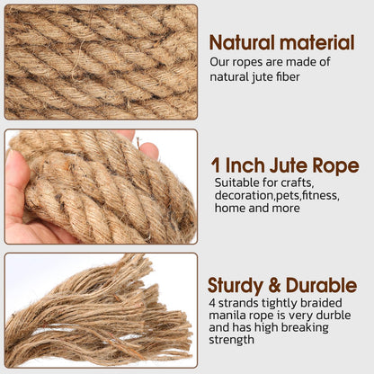 Jute Rope (1 in X 100 ft), 25mm Thick Twisted Manila Ropes,Tug of War Rope,Thick Ropes Natural Heavy Duty Hemp Rope for Swing Bed, Crafts, Railing, Tug of War, Home Decorating (25mm, 100FT)