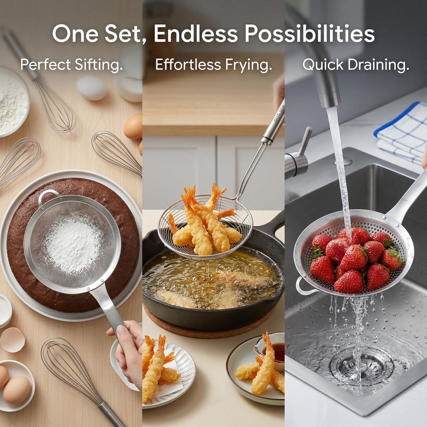 Suwimut 3 Pieces Spider Strainer Skimmer Spoon Set, Fine Mesh Stainless Steel Sieve Food Strainers, Large Hole Slotted Colander Frying Spoons, Strainer Ladle Wire Skimmer Spoon with Handle for Kitchen