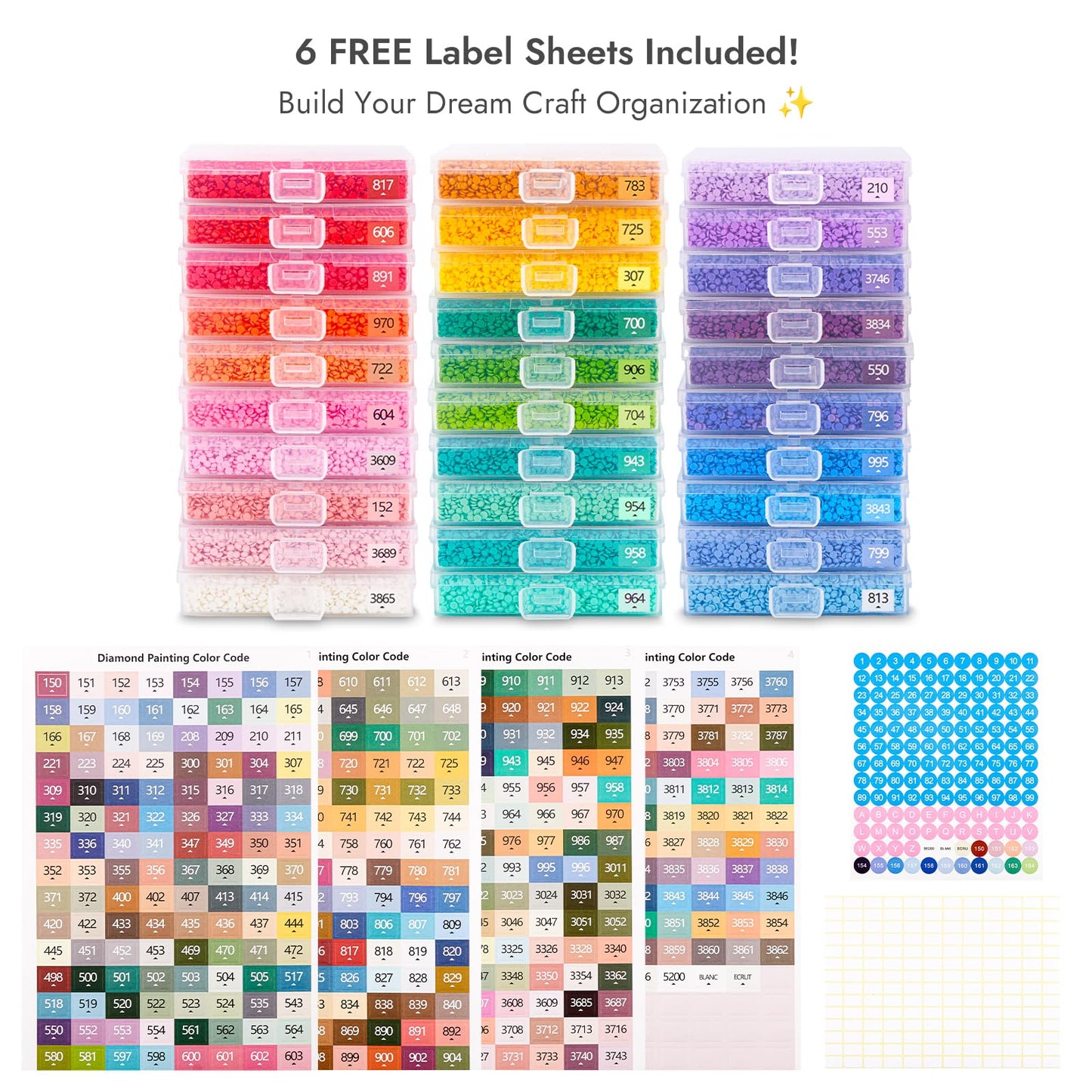 MOLEDINO 30 Pcs Diamond Painting Storage Trays with Lids, 2-in-1 Diamond Art Containers Trays Kit for Drills with 1 Large White Plastic Organizer Box, Stackable Bead Storage and Line-Up Accessories