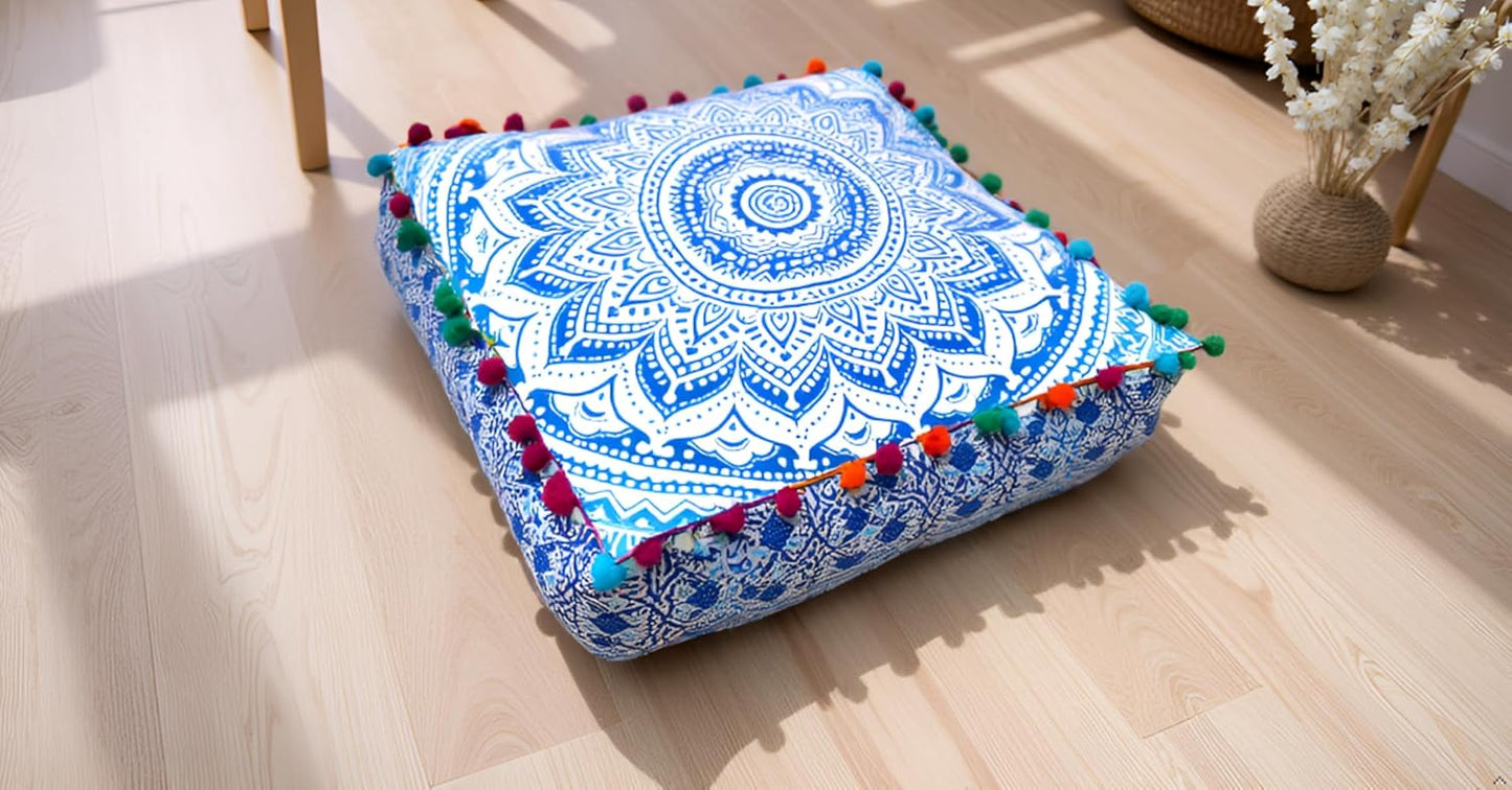 18" CRAFT KALA Square Large Hippie Mandala Meditation Floor Ottoman Pillow Cushion Pouf Cover Square Poufs Bohemian