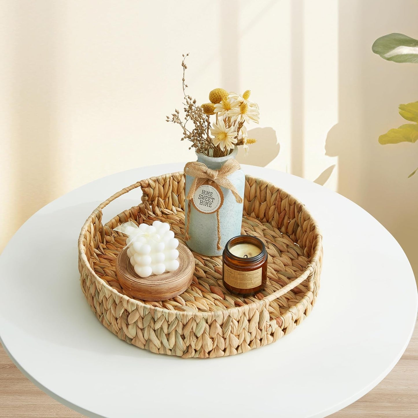 13 inch 1Pack Round Wicker Tray, Hand-Woven Rattan Serving Trays with Handles for Snack Drinks Coffee Table Tray, Water
