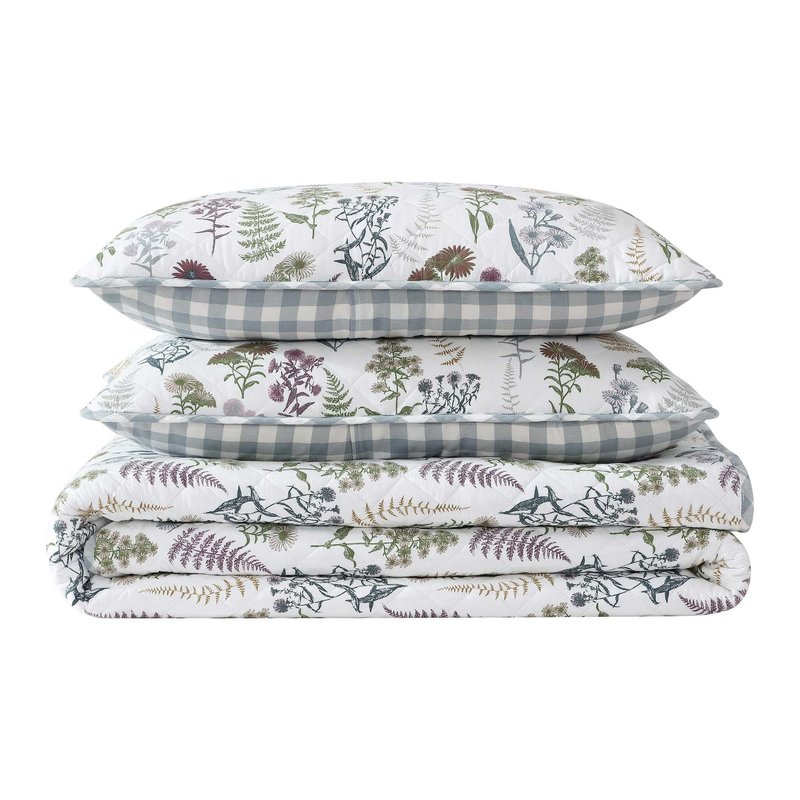 Eddie Bauer - Full/Queen Quilt Set, Reversible Cotton Bedding with Matching Shams, Classic Floral Home Decor with Plaid Reverse (Flower Field Green, Full/Queen)