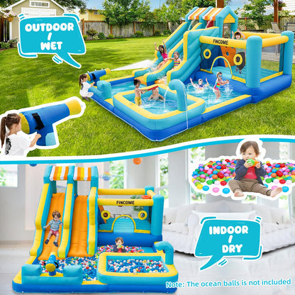 FINCOME Inflatable Bounce House, 10 in 1 Double Water Slide Bounce House with 750W Blower, Climbing Wall, Jumping, Water Gun, Splash Pool, Basketball Hoop for Kids Indoor Outdoor Backyard
