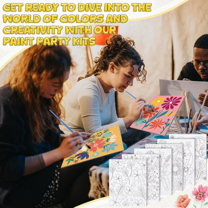 Sherr 96 Pcs 12 Sets Pre Drawn Canvas Kit for Painting Craft Sip and Paint Kit for Adults Pre Printed Canvas Painting Favor for DIY Birthday Gifts Adult's Date Party, 8 x 10 Inches(Flower)