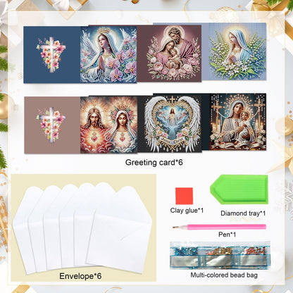 6 Pcs 5D Rhinestone Painting Greeting Cards Kits, Handmade Diamond Art Greeting Cards with Envelopes Holographic Laser Effect DIY Diamond Art Crafts Birthday Cards for Festival Celebrations (Religion)