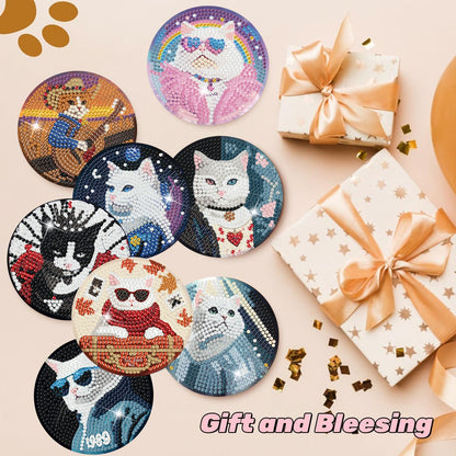 Puraikcmi 8PCs Diamond Paintings Coasters Kits Set, Cat Diamond Art Coasters with Holder, DIY Crafts Diamond Art Kits Adults Craft Diamond Gem Art Gift (Album Inspied Cat)