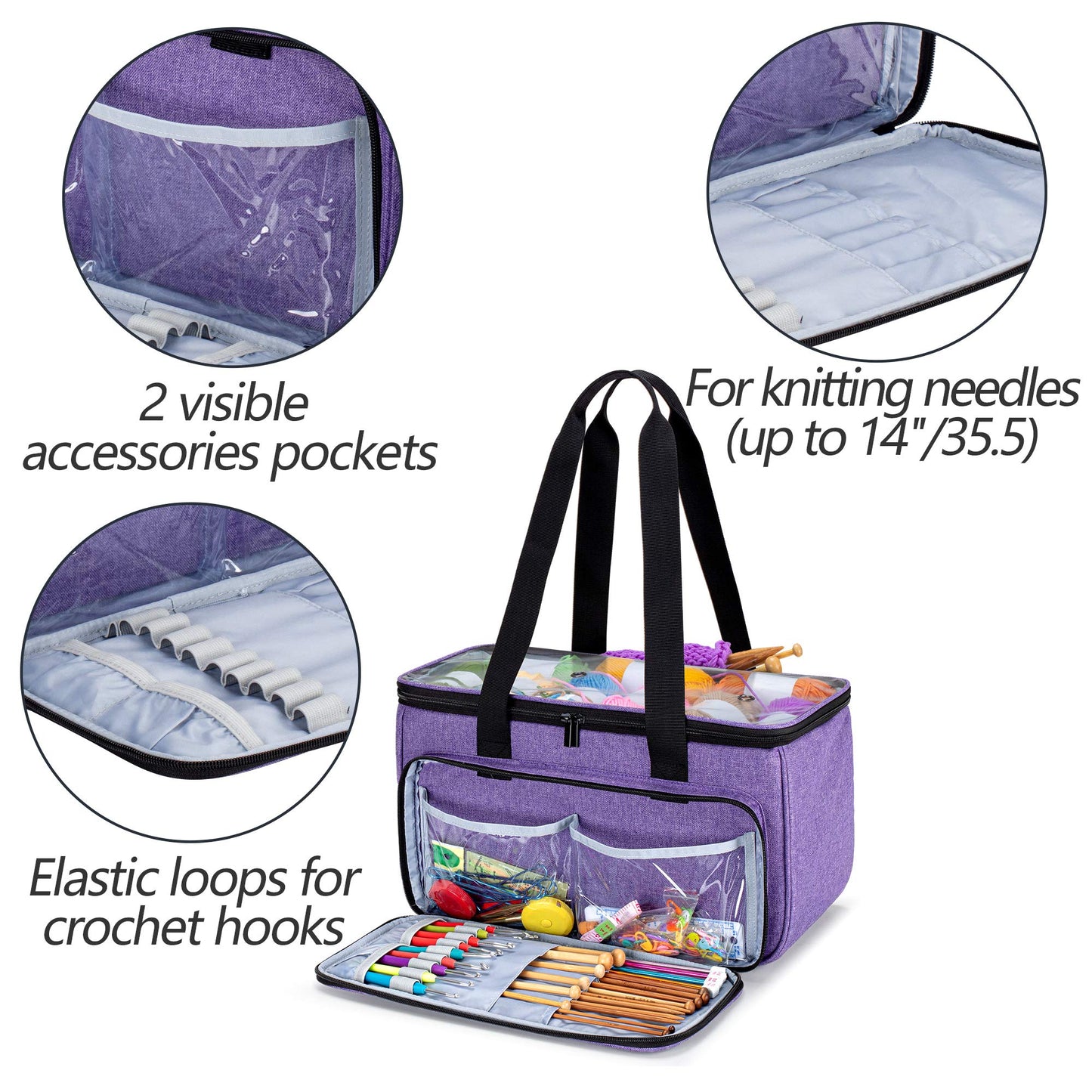 Yarwo Knitting Yarn Bag, Crochet Tote with Pocket for WIP projects, Knitting Needles(Up to 14”) and Skeins of Yarn, Christmas & New Beginnings Gifts for Women, Purple (Bag Only)