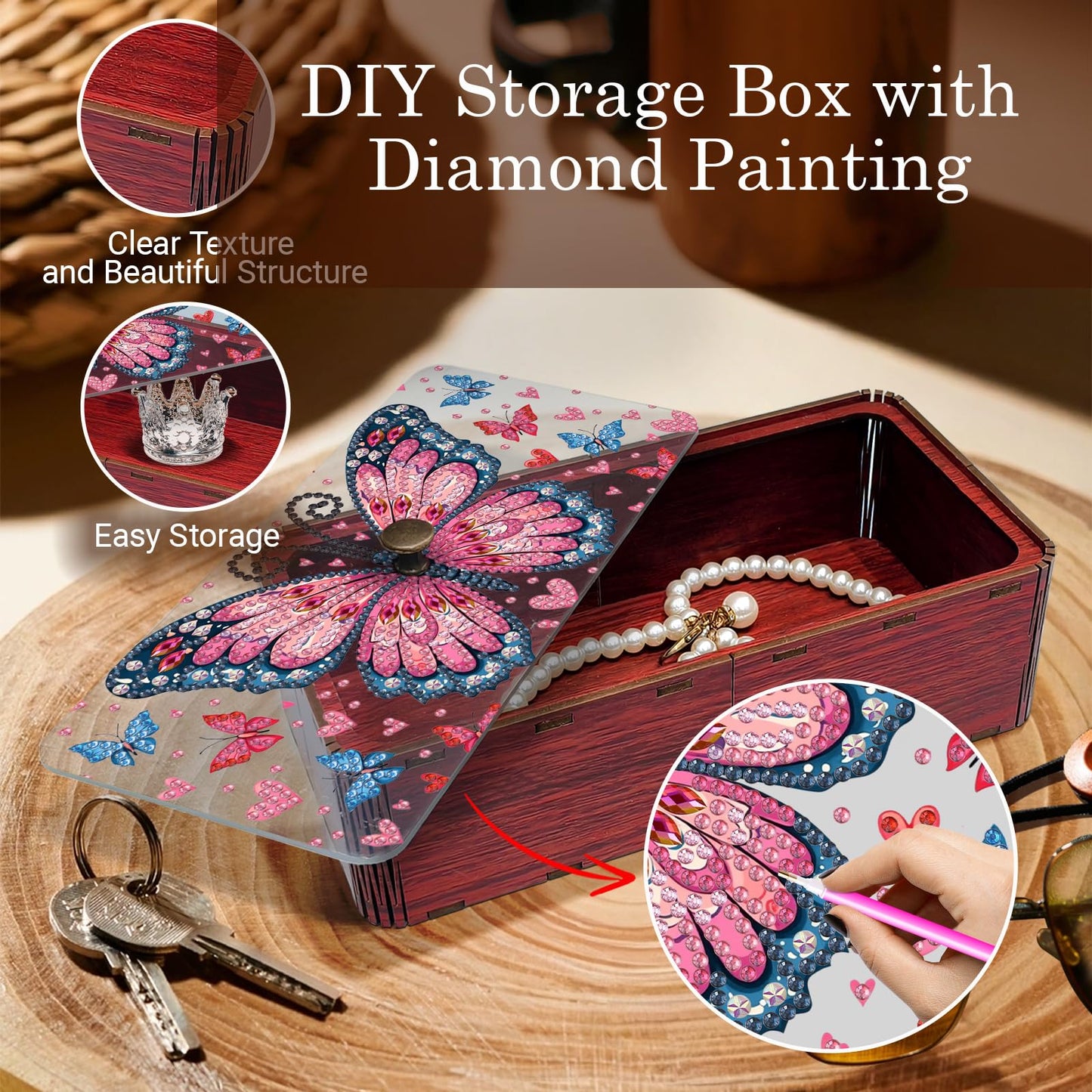 JBTM24 Diamond Art Painting Storage Box Kit, DIY Rectangular Wooden Decorative Container Holder with Lid, Snack Jewelry Gem Art Organizer Case for Adults (Butterfly)