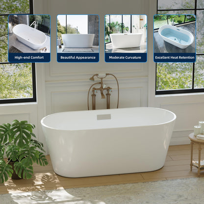 Garvee 59 in Acrylic Freestanding Bathtub - Extra Deep Soaking Tub for Adults, Stand Alone Tub with Integrated Overflow Drain, CUPC Certified Modern Bathroom Tub, White