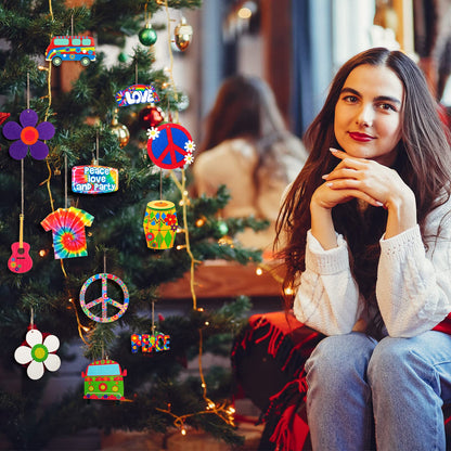 Jetec 36 Pieces 60's Hippie Groovy Party Wooden Hanging Ornaments Retro Flower Peace Sign Tie Dye Decorations for 60s 70s Hippy Vibe Birthday Baby Shower DIY Craft Supplies