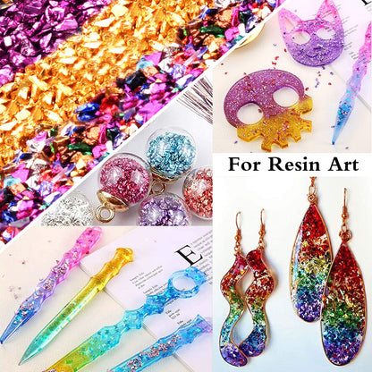 9 Box Broken Crushed Glass Glitter, with 100 g Steampunk Gears,6.4oz/180g Irregular Shards Metallic Crystal Chips 2-4mm Chunky Flakes Sequins Gravel for Epoxy Resin Craft Supplies G009