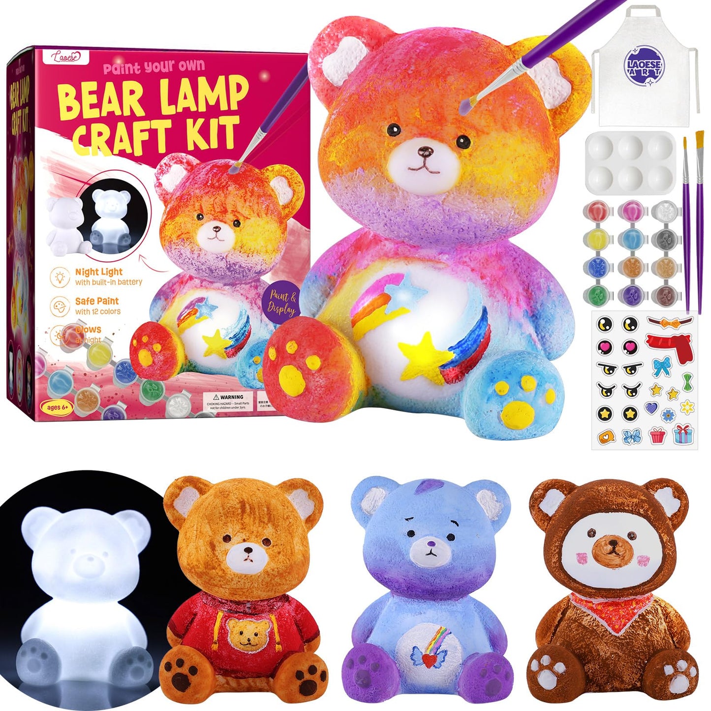 LAOESE Paint Your Own Bear Lamp Kit, Art Supplies Bear Painting Kit for Kids 6-12, Arts and Crafts for Kids Ages 8-12, Bear Toy Girls Boys Birthday Gifts for Kids Ages 3 4 5 6 7 8 9 10 11 12+