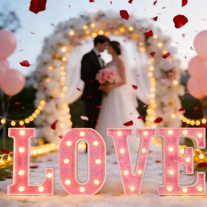 Valentine’s Day Decorations – Galentines LED LOVE Marquee Light Letters, Pink Glitter Battery Operated Tabletop Sign for Home, Party, Shelf and Mantel Décor