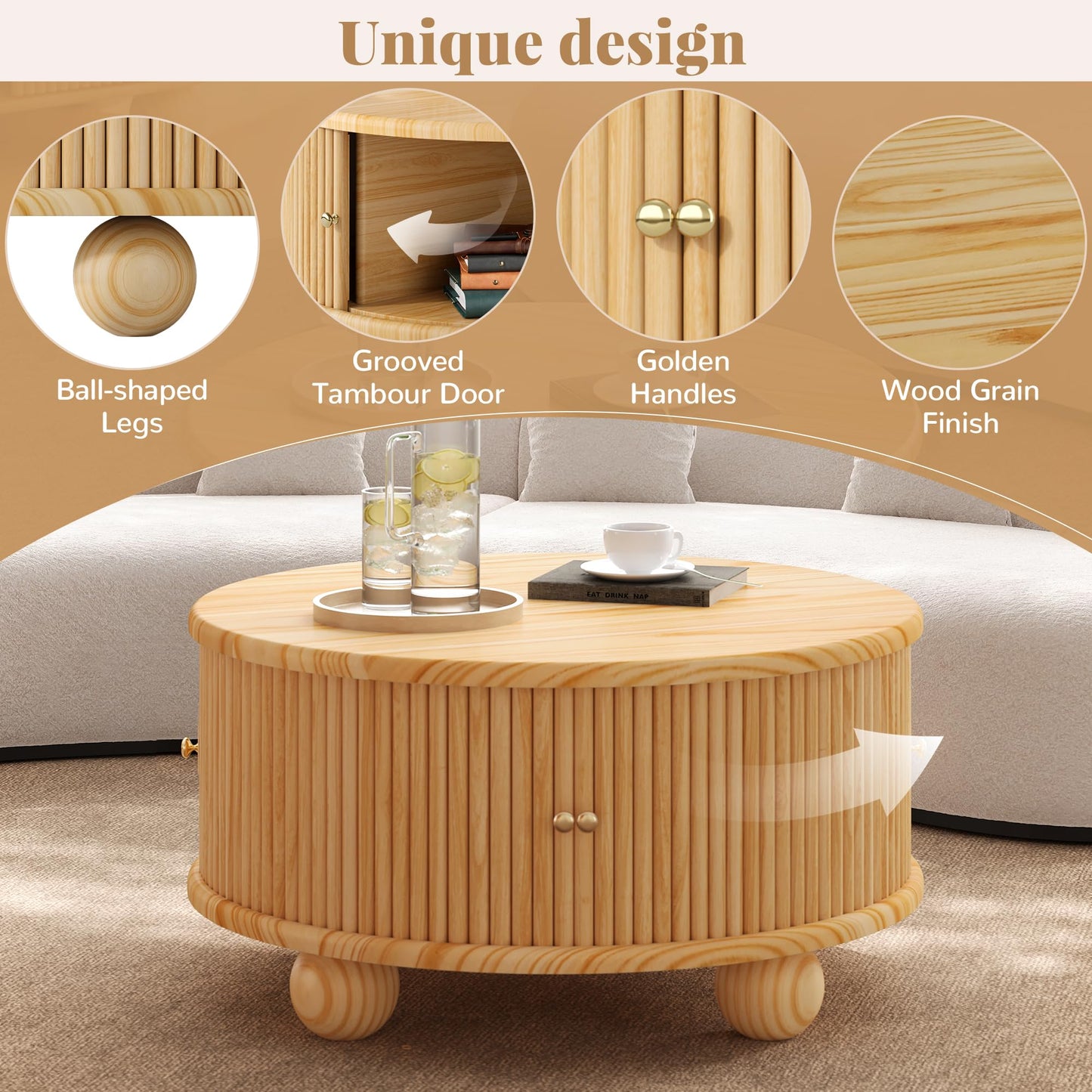 Merax Modern Round Fluted Coffee Table with Storage & Sliding Door – 31.8" Solid Pine Wood Center Table – Living Room Cocktail Table with Hidden Compartment, Natural