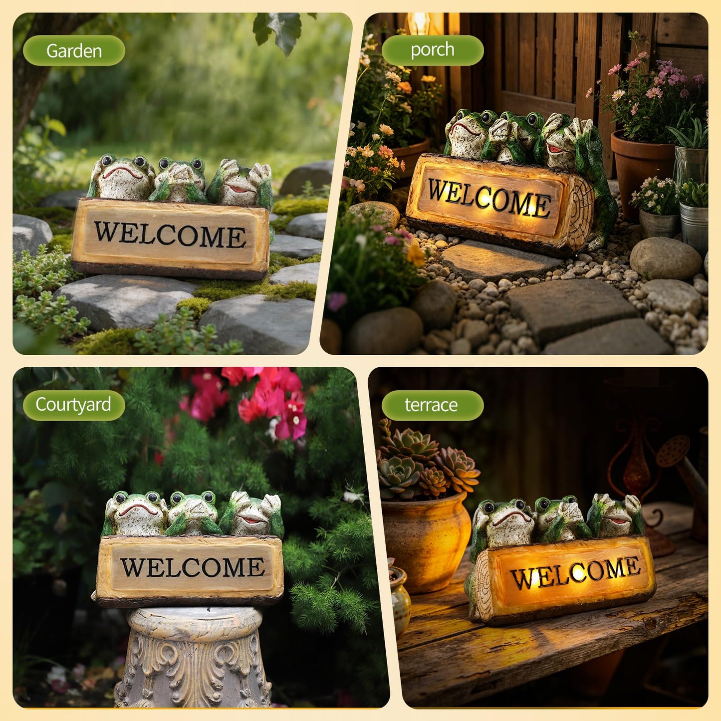 10.43"W Miniature Frog Solar Garden Statue, Three Wise Frogs Resin Lighted Welcome Sign, Outdoor Fairy Garden Accessories, Housewarming Gift for Patio, Yard, Porch, Entryway, Balcony, Lawn Ornament