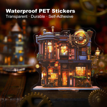 Moriquill 90PCS Gear Cabin PET Stickers – Steampunk Fantasy House Sticker for Scrapbook Journaling Crafting Collage Art Mixed Media DIY Planners Decoration Supplies