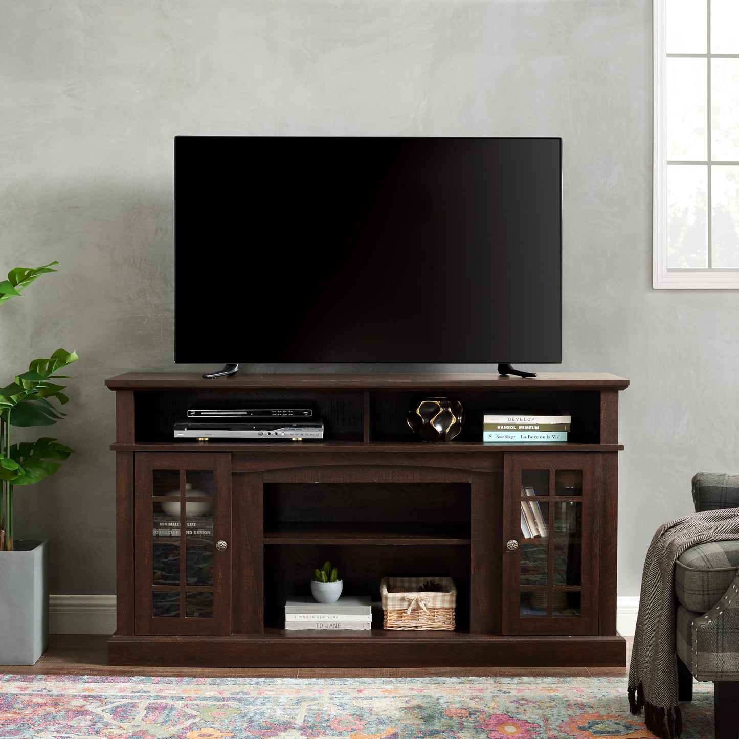 Trygoal Farmhouse TV Stand for 60 Inch TV, 58" Wood Entertainment Center with Glass Doors & 5 Cable Routing Holes, Sturdy Media Console Table for Living Room & Bedroom, Brown