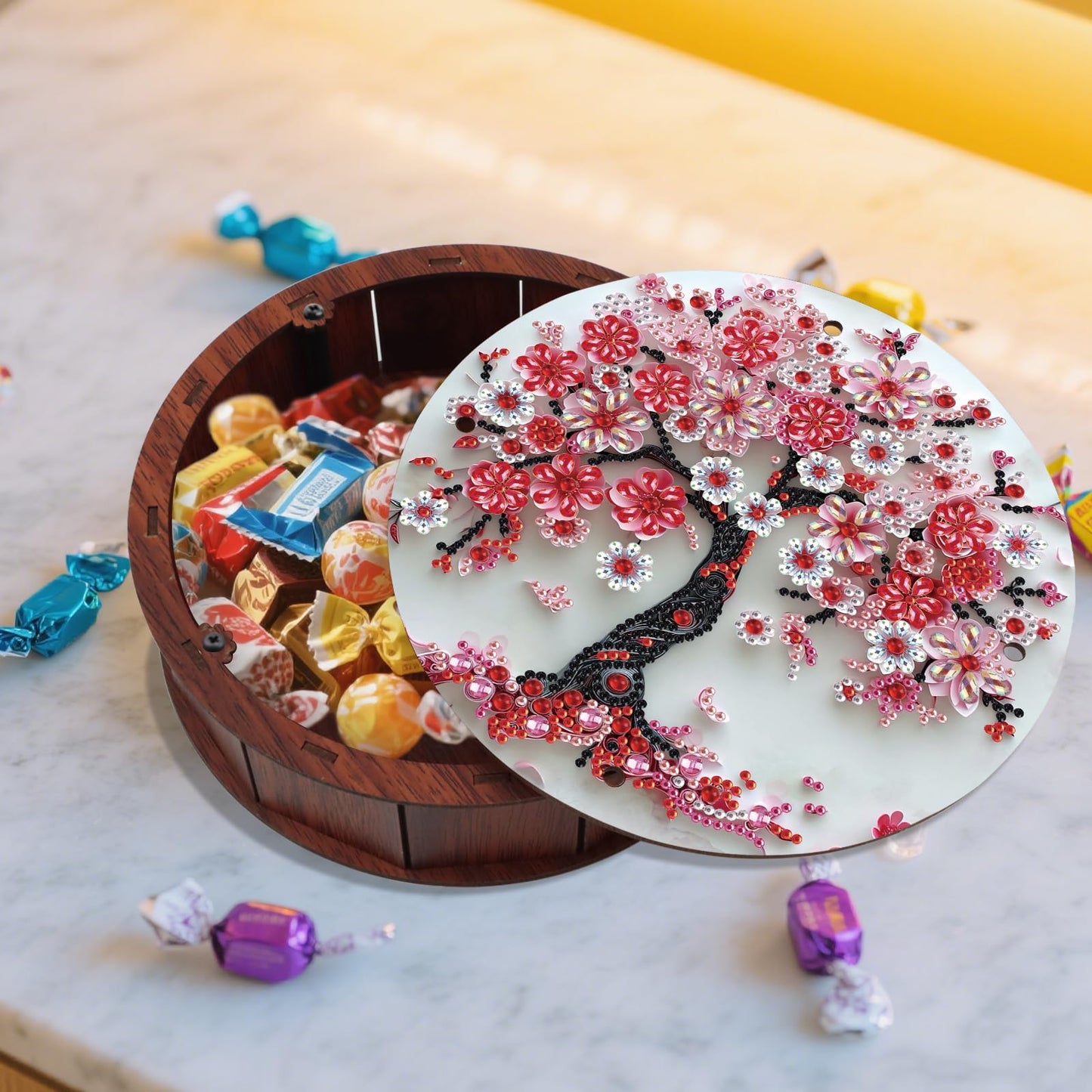 antor 5D Diamond Painting Snack Storage Box – Cherry Blossom Tree Design Round Wooden Container with Lid – Floral Elegant Crystal Rhinestone Art Craft Gift for Adults