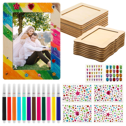 WSICSE 16 Pack Wooden Picture Frames for Crafts, 4" x 6" DIY Picture Frame Craft with 12Pcs Painting Color Pen 6 Sheets Crystal Diamond Stickers Christmas Crafts Gifts for Adults and Kids