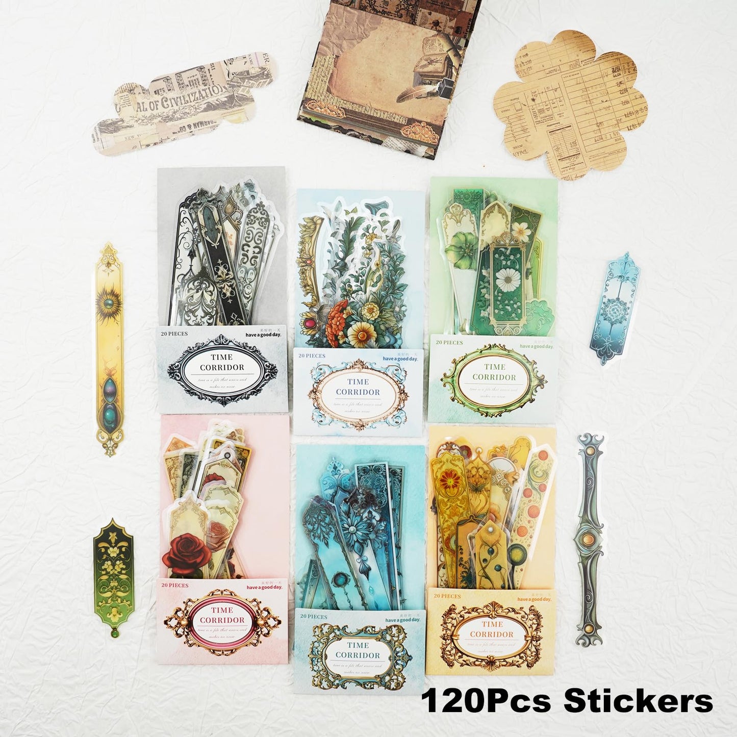 Miyouluna 120PCS PET Strip Stickers, Gothic, Rose, Baroque, Emerald, Amber and Snow Style Designs in Vintage Aesthetic, Scrapbook and Journal Labels, Transparent Waterproof DIY Supplies