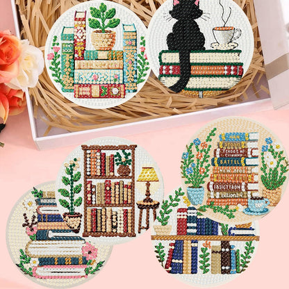 Zythron 8 Pcs Bookshelf Diamond Art Coasters Books Diamond Painting Coasters Kits DIY 5D with Holder with Holder Cork Pads DIY for Beginners, Adults, Diamond Art Kits Crafts Supplies 4x4 in