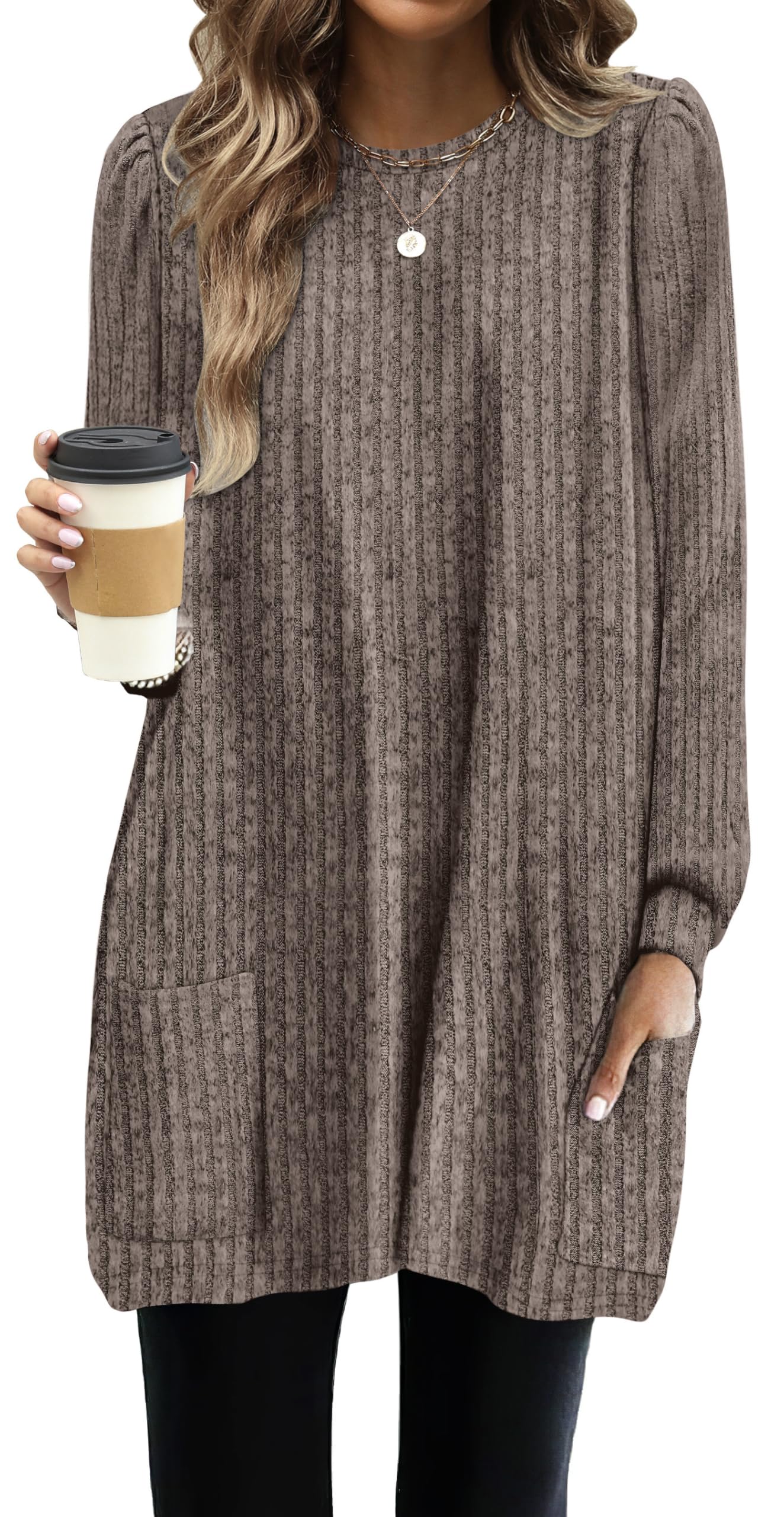 OFEEFAN Long Sleeve Shirts for Women Long Sweaters with Pockets Tunic Tops Loose Fit