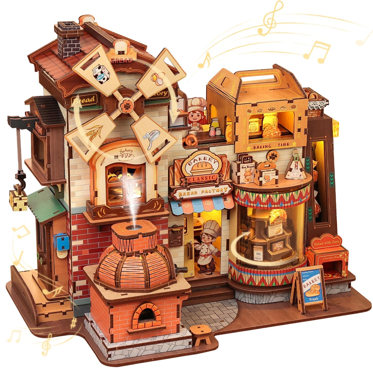 Fsolis 3D Wooden Puzzles for Adults - Mechanical Bread Factory Building with Music & Smoke Effect & Light Up Miniature Craft Kit with 7 Ambient Lighting, 572pcs, Gifts for Women Teens