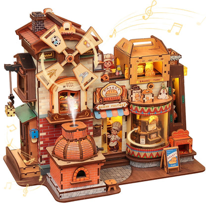 Fsolis 3D Wooden Puzzles for Adults - Mechanical Bread Factory Building with Music & Smoke Effect & Light Up Miniature Craft Kit with 7 Ambient Lighting, 572pcs, Gifts for Women Teens