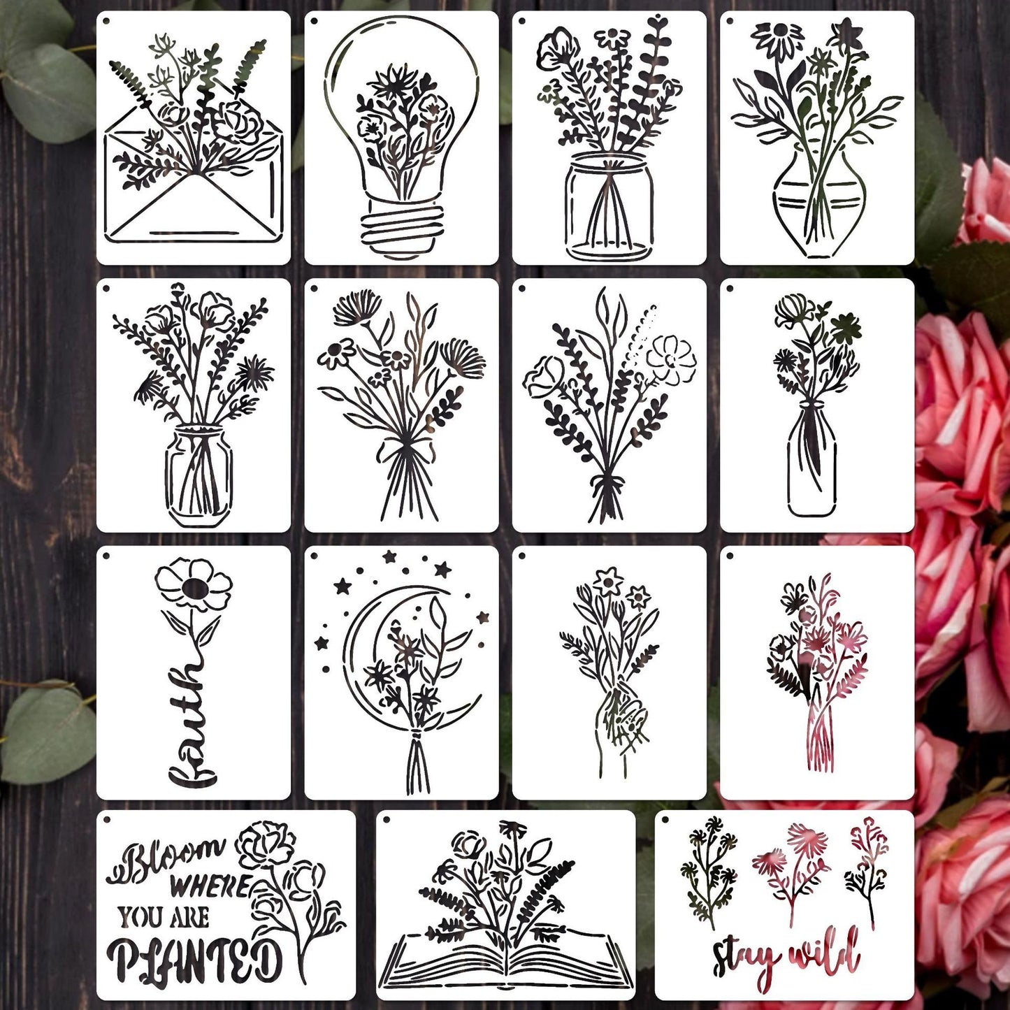 Baychendoo 15 Pcs Floral Craft Stencils - 5.9x7.87 Inch Reusable Spring Wildflower Bouquet Templates for DIY Wood Painting, Scrapbooking, Fabric Art, Canvas Projects & Handmade Home Decor