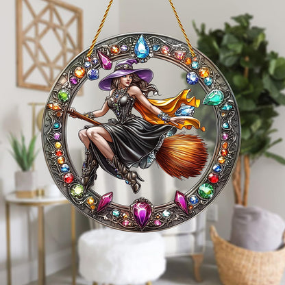 8x8 inch Charming The Witch Rides A Broom Acrylic Stained Glass Window Hanging Sun Catcher Decor Stained Panel Hangings Wall Art Decor, for Friends and Family (Witch Broom)