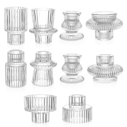 Ovveroche 10 Pcs Glass Candlestick Holders Set, Glass Crystal Taper Candle Holders Striped Vintage Reversible Clear Candle Stick Holder Ideal for Wedding, Party, Festival Celebrations, 5 Styles