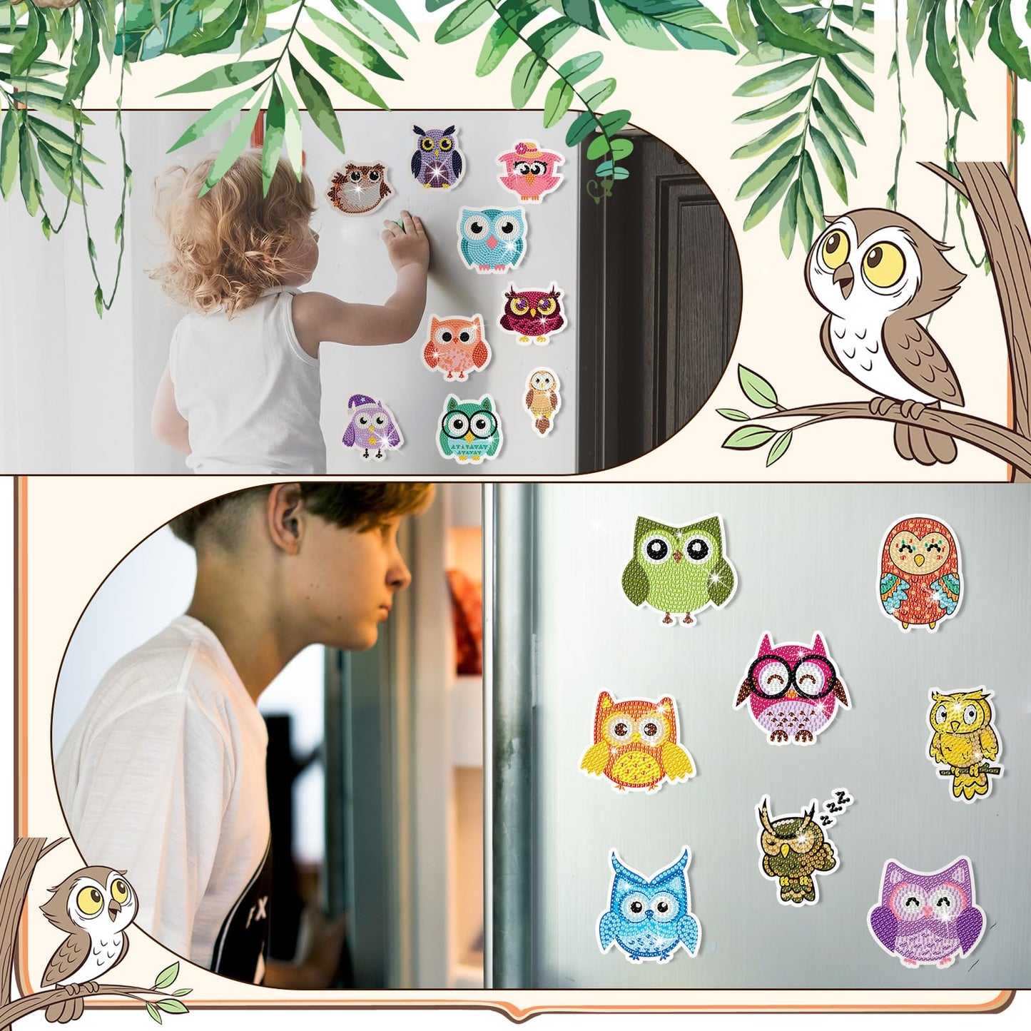 Xuhal 30 Pcs Owl Diamond Painting Magnets Owl Diamond Art Magnet Kits for Adults Colorful Cute Animals Refrigerator Magnetic Sticker 5D Rhinestone Fridge Stickers for Beginner DIY Crafts Gifts