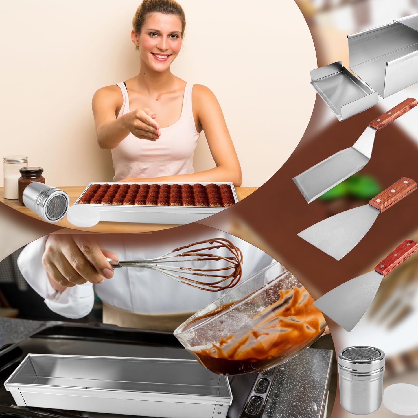 3 Pack Tiramisu Cake Pan Set with Lid Nonstick Rectangle Tiramisu Cake Mold with Removable Frame Stainless Steel Baking Pan Kit with Spatulas Powder Sugar Shaker Baking Paper for Cheesecake Mousse