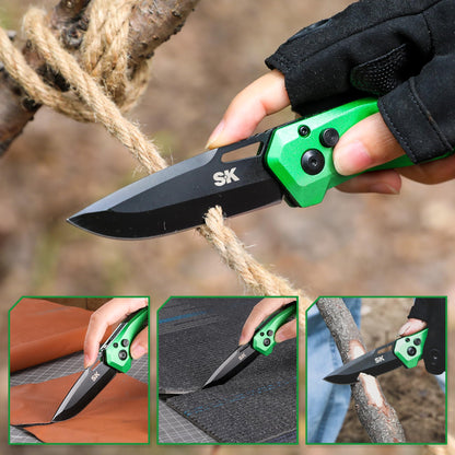 SK Folding Pocket Knife, Premium D2 Steel Blade, Aluminum Handle with Wire Belt Clip