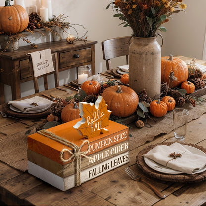 FairySandy 4 Pcs Thanksgiving Decorations for Home Fall Tiered Tray Decor Wood Book Stack with Sign Autumn Stacked Book Decor Bundle for Office Table Shelf Decorative Trays(Maple Leaf)