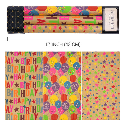 BIOBROWN Kraft Birthday Wrapping Paper, Colorful Gift Wrap with Text Happy Birthday Balloon Stripes Design for Kids, 17 inch X 120 inch Per Roll