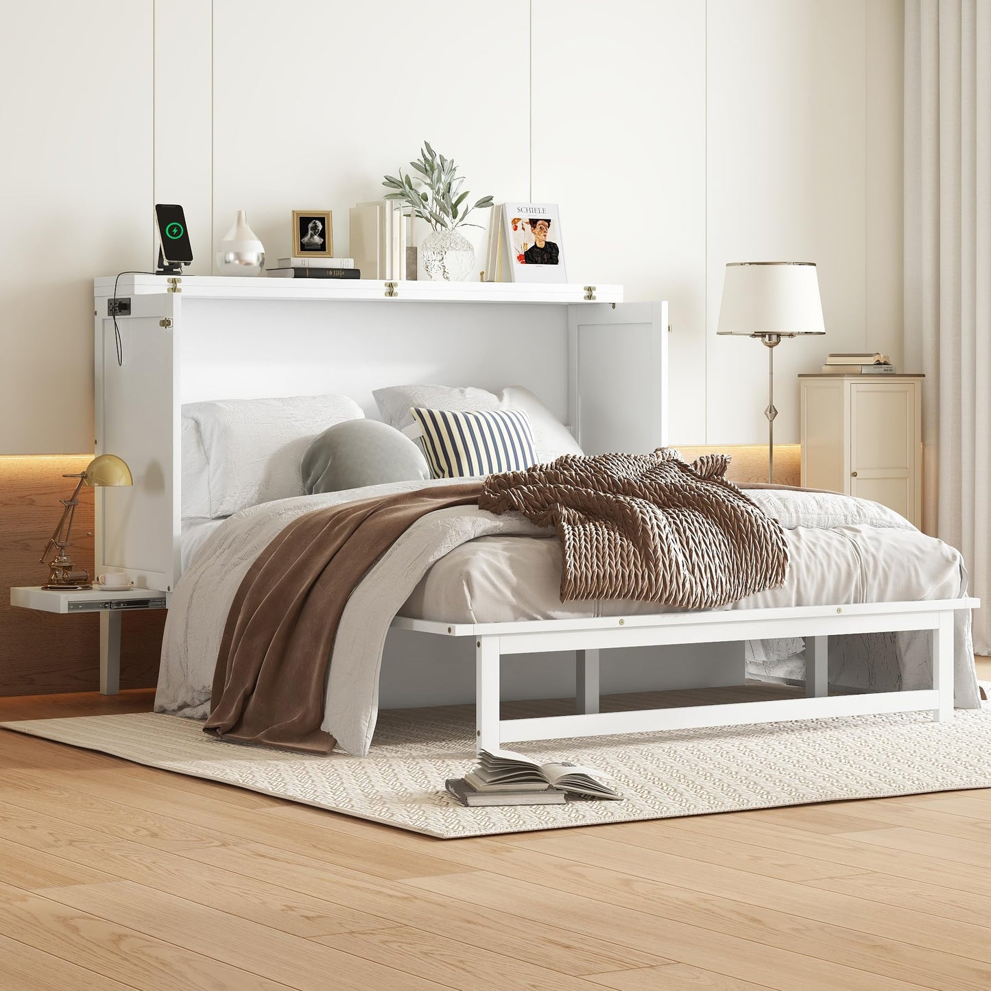Ball & Cast Murphy Bed Full W/Desk & 2 Removable Shelves,Cabinet Bed W/ 2 USB Port & Power Outlets,Hidden Foldable Wall Bed Frame for Home Office,Apartment,Guest Room,White