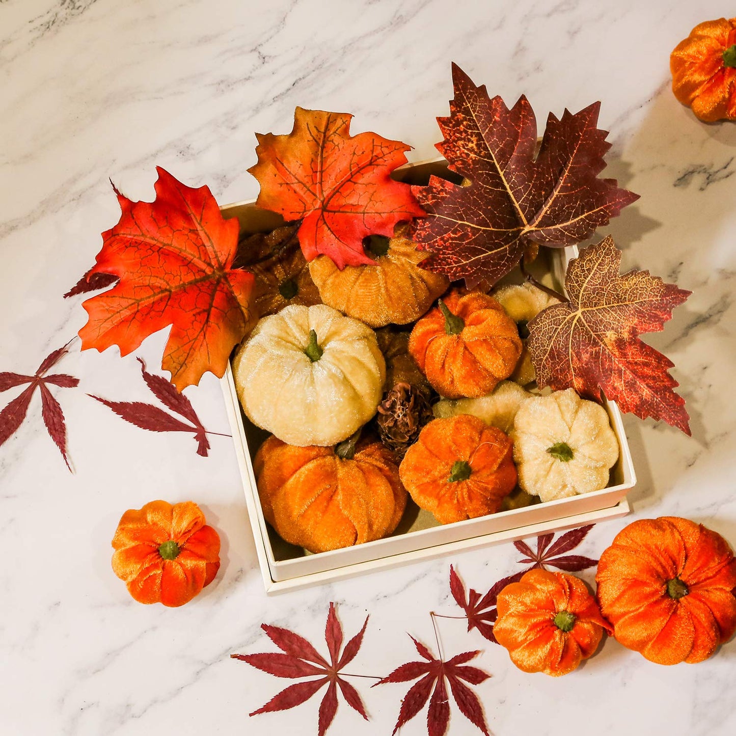 Romingo Artificial Pumpkins 12PCS Fake Artificial Velvet Small Pumpkins for Halloween, Fall and Thanksgiving Party Decoration