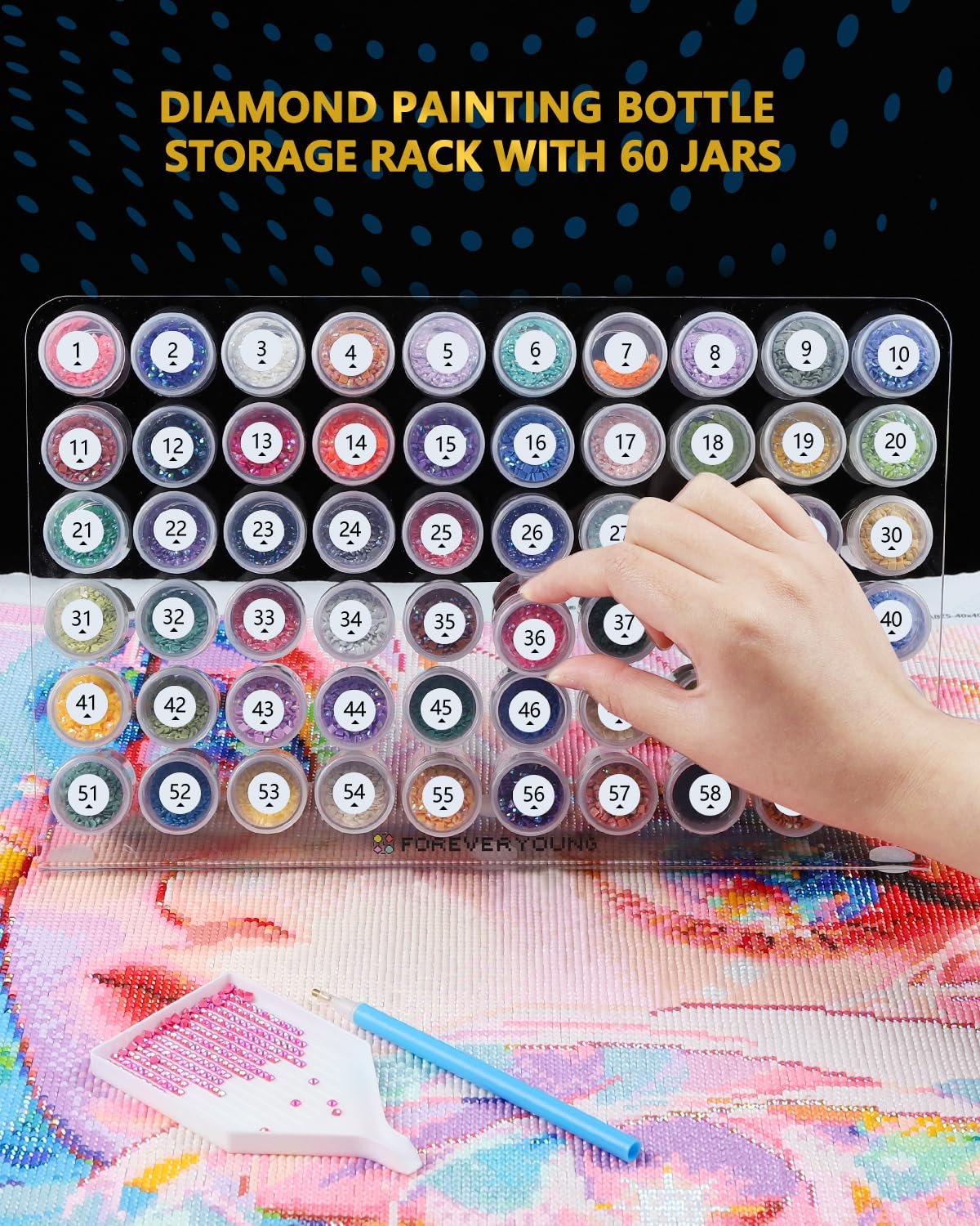 forever young Diamond Painting Bottle Storage Rack with 60 Jars, Diamond Art Storage Containers for Beads, Compatible with Most Diamond Painting Accessories and Tools, Tidy Workspace