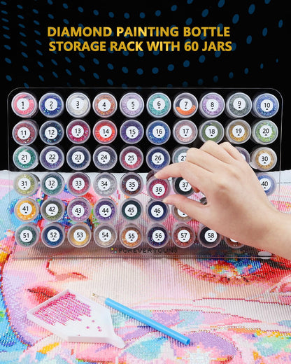 forever young Diamond Painting Bottle Storage Rack with 60 Jars, Diamond Art Storage Containers for Beads, Compatible with Most Diamond Painting Accessories and Tools, Tidy Workspace