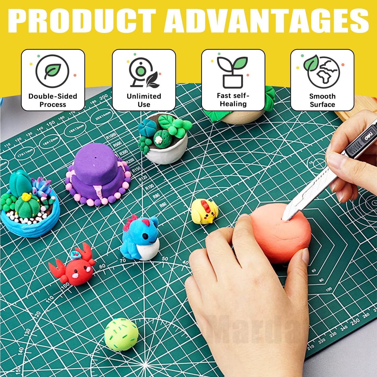 Mardatt 3Pcs A3 A4 A5 PVC Self Healing Cutting Mat with Precision Carving Knife, 5-Ply Double Sided Non-Slip Cutting Board Mat with Grid for Crafts Sewing Quilting Fabric（Green）