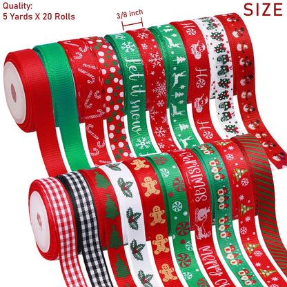 Vloso 20 Rolls 100 Yards Christmas Ribbon for Gift Wrapping,3/8 Inch Christmas Grosgrain Ribbon,Christmas Ribbon for Crafts DIY Holiday Christmas Decorations