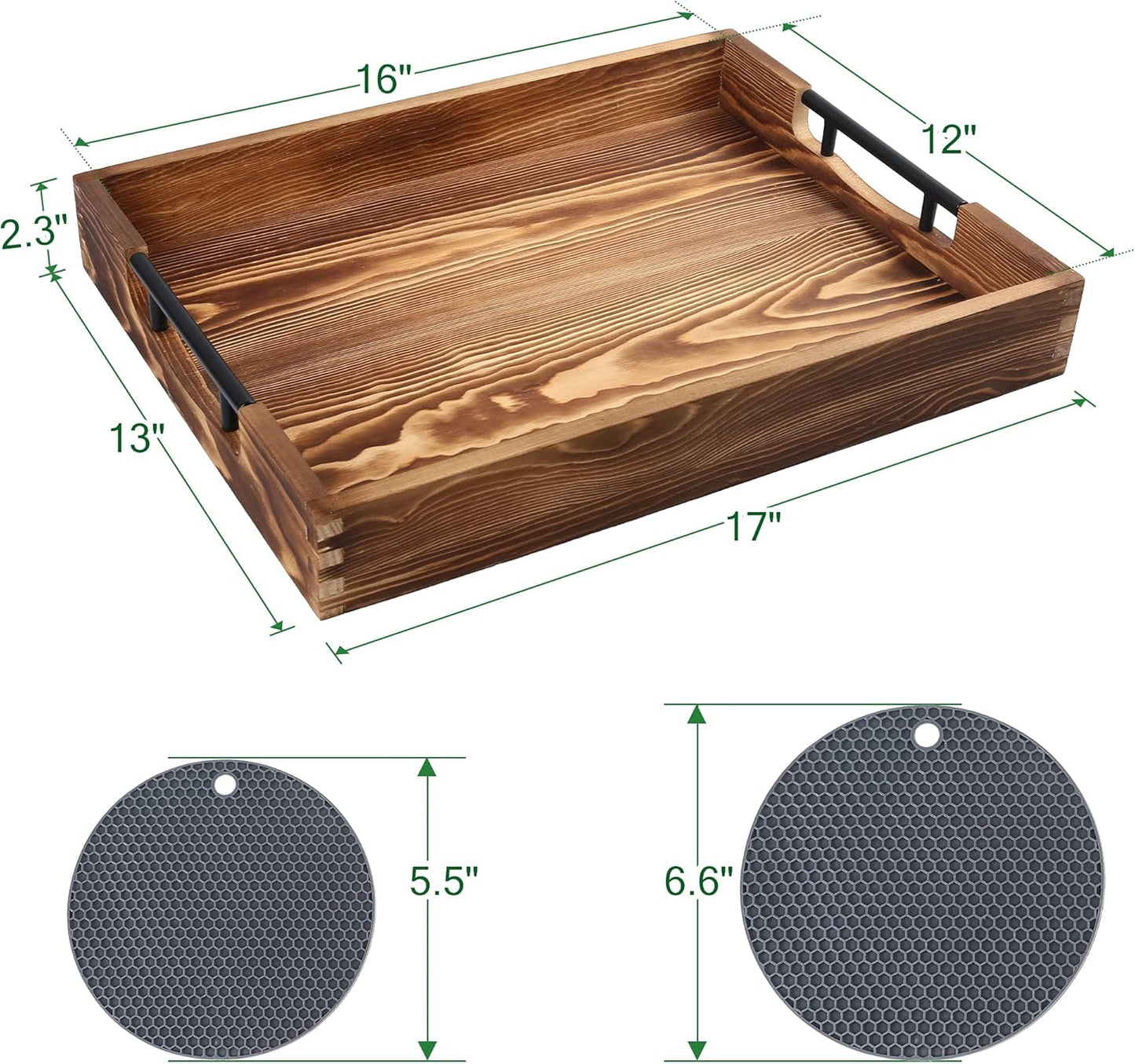 17x13'' 2 LotFancy Large Ottoman Tray for Living Room, Wood Serving Tray with Handles, Home Dcor for Coffee Table